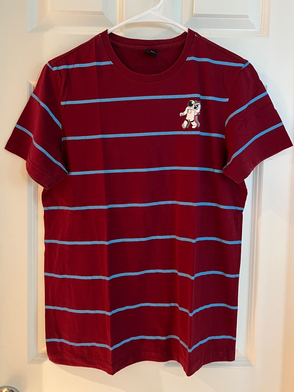 Men's Maroon Striped Crewneck Tee with Astronaut Patch